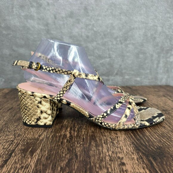 J Crew Odette Strappy Sandals 10.5 Black Cream Snake Embossed Leather Block Heel - Picture 5 of 14